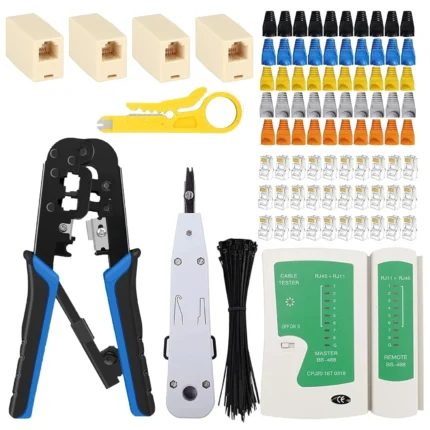 RJ45 Ethernet Crimping Tool Kit, Crimp crimping tool with 50PCS RJ45 Connectors, 50PCS strain relief boots, 1 Network Cable Tester, 50 Pcs Cable Ties, Punch Down Tool, 5 RJ45 jointer coupler